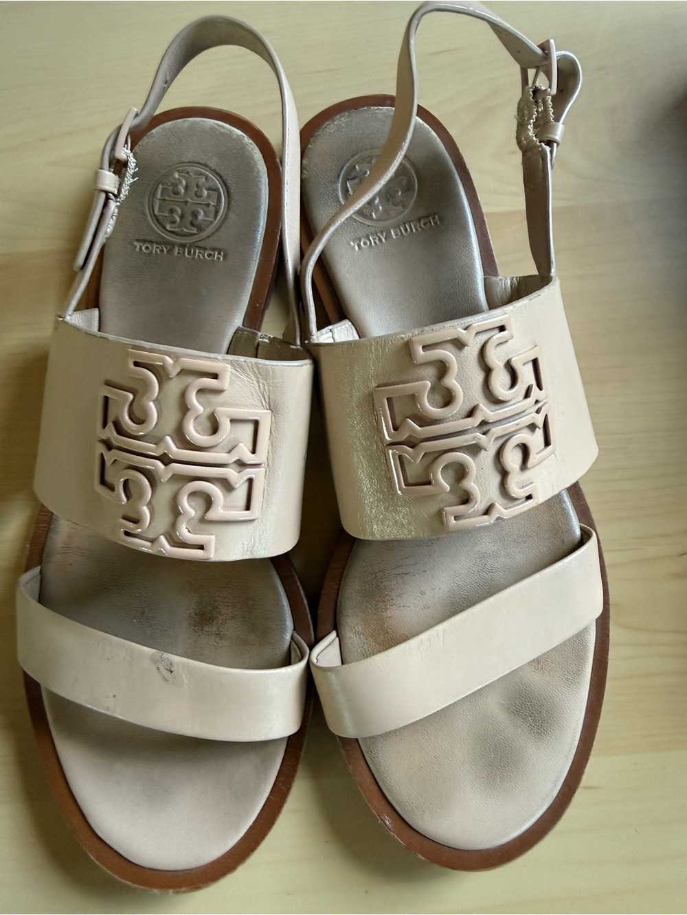 Tory Burch Leather Double T Logo Slingback Sandals Nude Size 6
